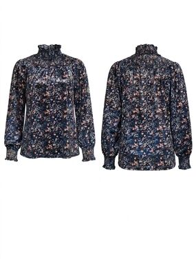 Sugarlips Navy Floral Velvet Smocked High-Neck Blouse